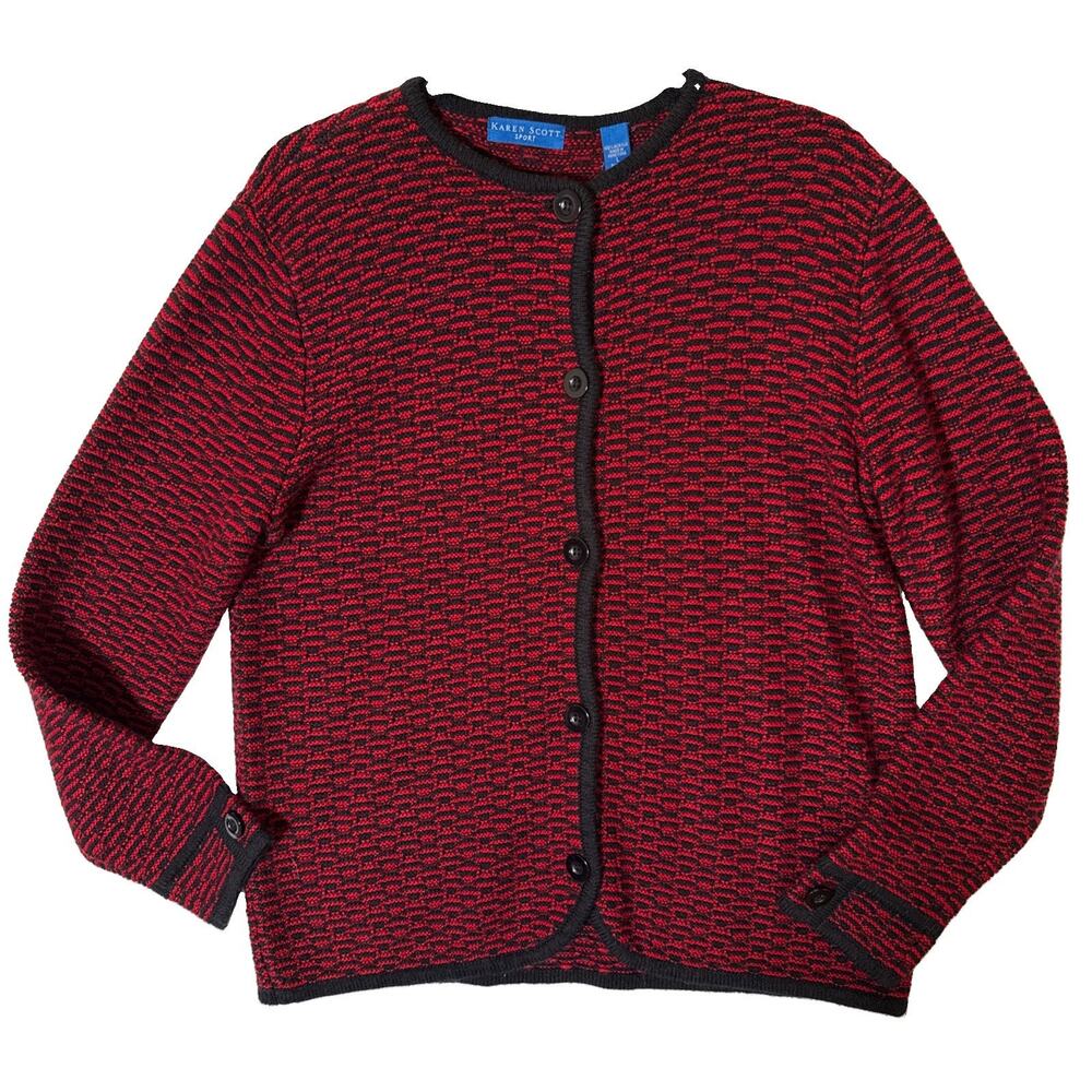 Karen Scott Sport Women’s Cardigan Sweater L Red/Black Knit Acrylic Button